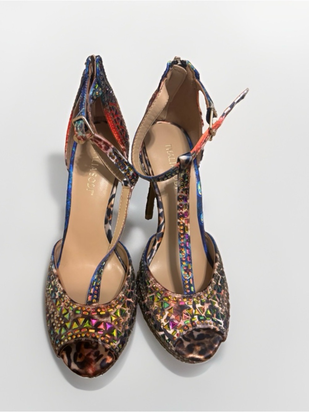 Thalia Sodi Multicolor Embellished Leopard-Accent T-Strap Heels